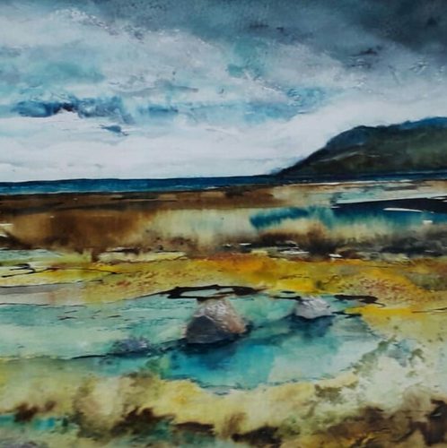 Gesso, acrylic paint and ink, rock pool on the beach.